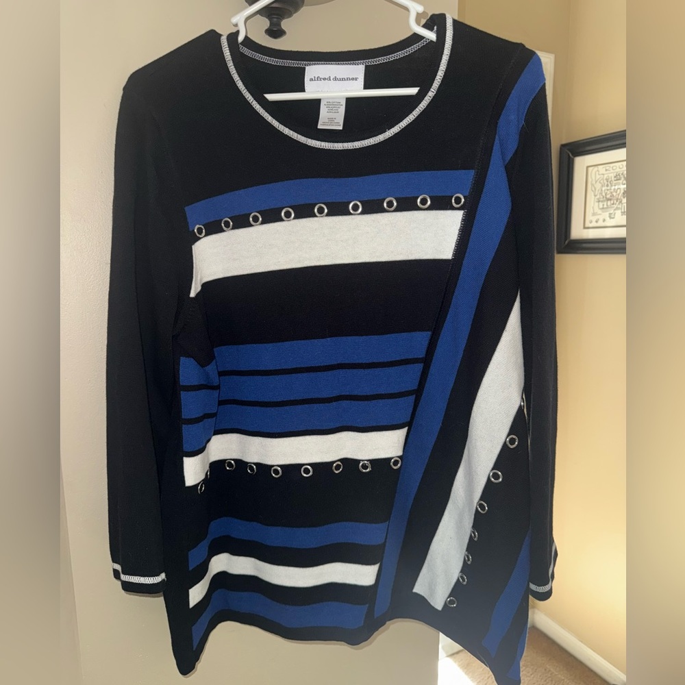 Alfred Dunner Black, Blue, and White Striped Shirt